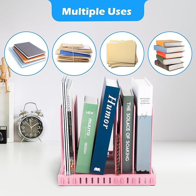 EASEPRES 5 Section Vertical Metal Mesh Desk File Organizer, Spacing Adjustable Upright Desktop Paper Mail Document Magazine Sorter Folder Holder for Workspace Office School Home, Pink