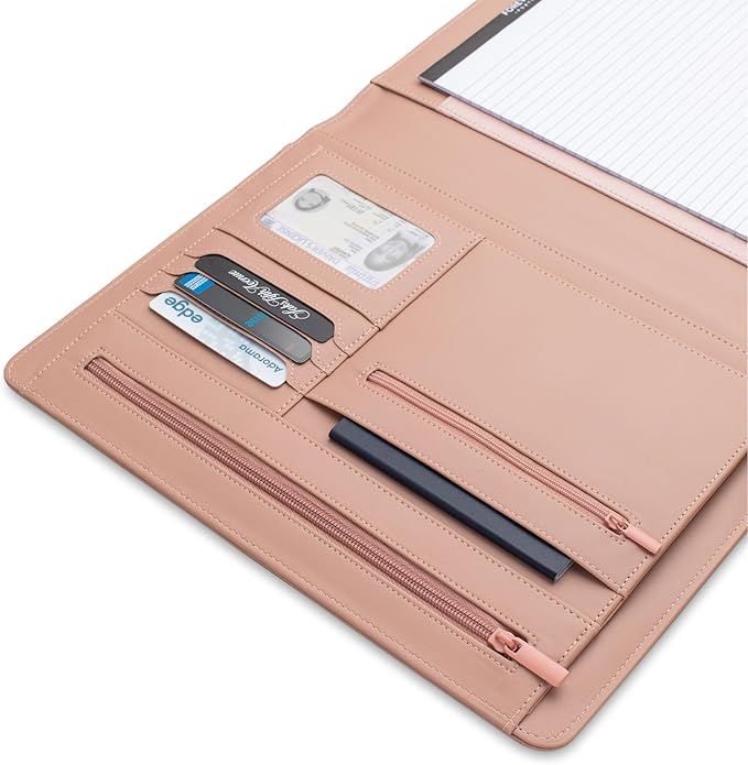 FOREVERMORE PORTFOLIOS Padfolio Binder Organizer for Women | Faux Leather Portfolio Folder for Resume, Documents, Notebook, Tablet and Business Cards | Notepad Included - Pink