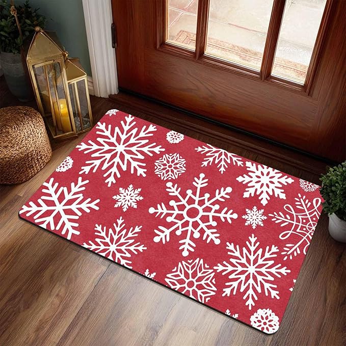 InterestPrint Christmas Red Door Mat Xmas Snowflakes Doormat Washable Floor Mats Outdoor Indoor Non-Skid Area Rug Entry Doormat for Bedroom Living Room Kitchen Nursery, 18" x 30"Inch
