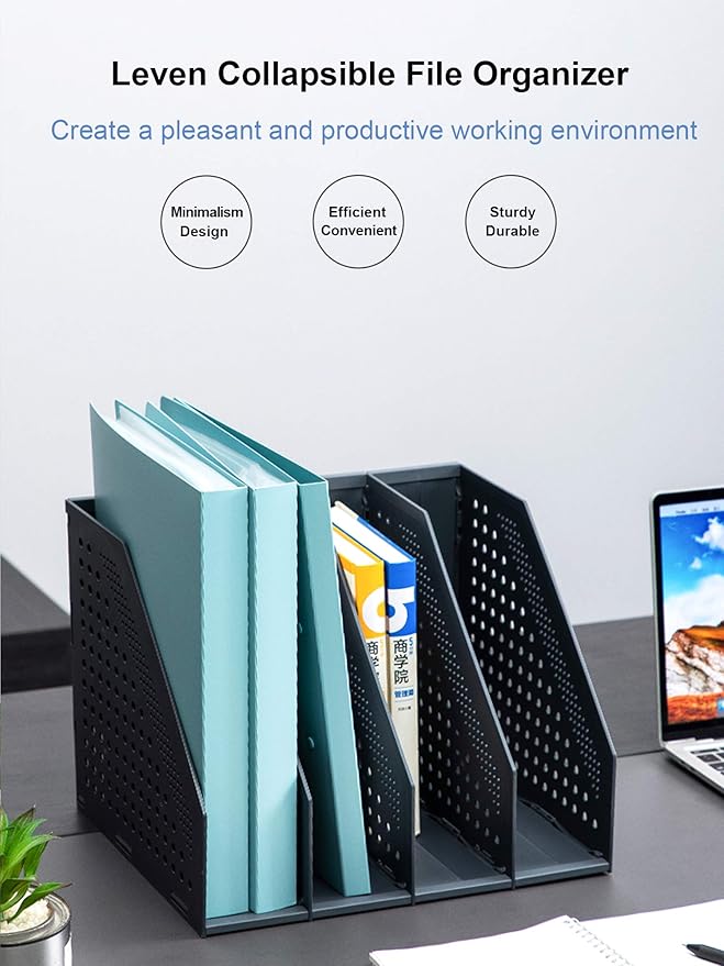 Leven Collapsible Magazine File Holder/Desk Organizer for Office Organization and Storage with 4 Vertical Compartments