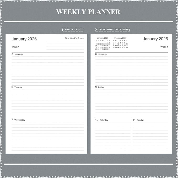 Tiankool Planner 2026-2027 - Jan 2026-Jun 2027 Weekly Monthly Planner with 18 Monthly Tabs, Elastic Closure, Inner Pocket, Round Corner,5.8" x 8.25"- Grey