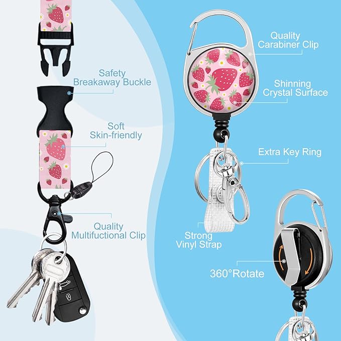 Gctriki Teacher Lanyard with id Holder, Cute Strawberry Lanyard for Keys, Funny Retractable Badge Reel Clip Keychain, Pink Lanyards for ID Badges Holder Nurse Teacher Workers Women Office Gifts