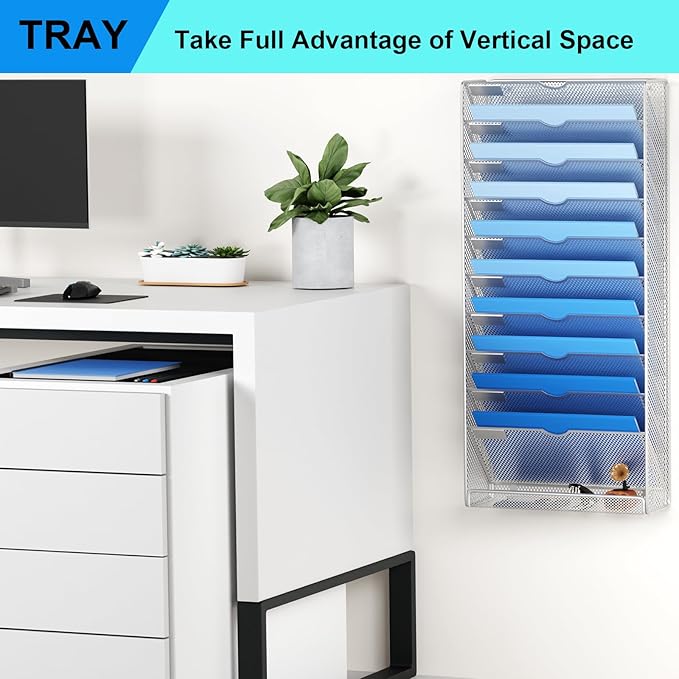 Hanging Wall File Organizer 10 Tier Wall Mounted File Holder Document Wall Organizer Magazine Organization for Office Home, Silver