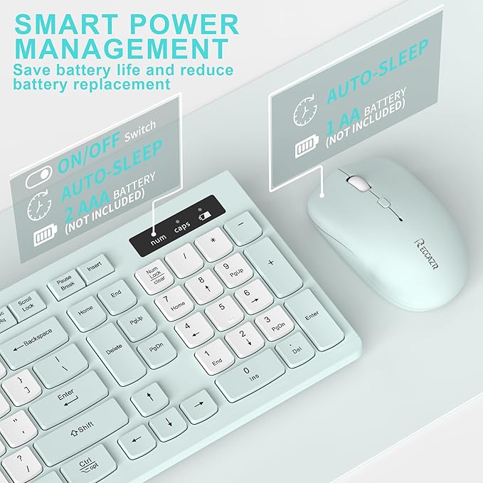 Silent Keyboard and Mouse Combo Wireless,ful-Sized Wireless Keyboard and Adjustable DPI Mouse, 2.4GHz USB Receiver, Keyboard and Mouse for PC, Windows, MAC, Desktop, Laptop (Mint Green-B)