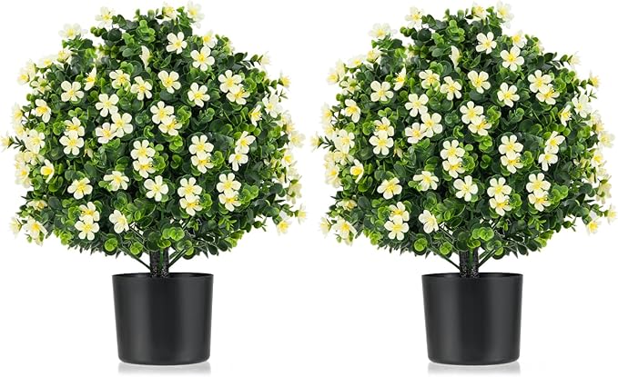 Goplus 21.5'' Artificial Boxwood Topiary Ball Tree, Set of 2 Faux Potted Plants Artificial Shrubs Bushes with White Flowers, Fake Evergreen Artificial Topiary for Indoor Outdoor Home Front Porch Decor