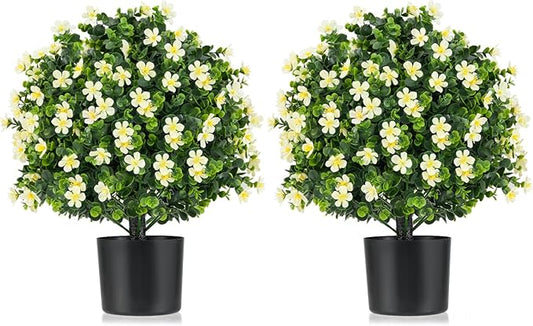 Goplus 21.5'' Artificial Boxwood Topiary Ball Tree, Set of 2 Faux Potted Plants Artificial Shrubs Bushes with White Flowers, Fake Evergreen Artificial Topiary for Indoor Outdoor Home Front Porch Decor