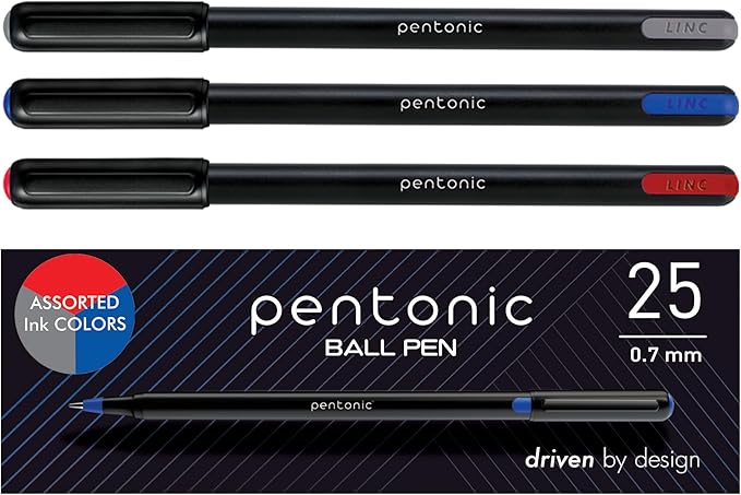 Pentonic Ballpoint Pens, 25 Count, Black, Red & Blue Colored Ink, 0.7 mm Fine Point, Smooth Writing For Journaling & Note Taking (PEN12126)