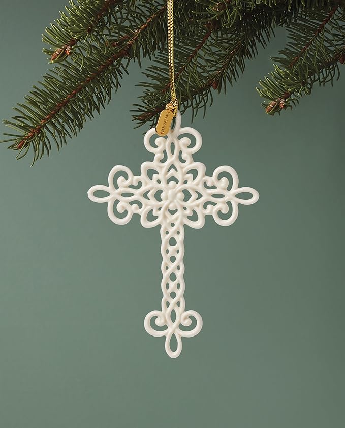 Lenox Ornament, 2025 Snow Fantasies Cross Ornament, Made from Porcelain with Gold Cord for Hanging, Christmas Tree Decorations, Winter Decorations, Christmas Decor, Cross Design (White, 1 Piece)