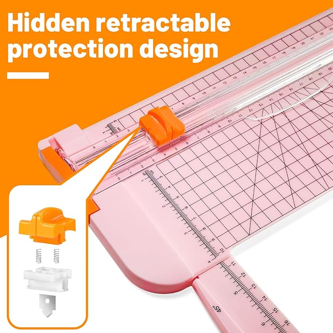 12-Inch A4 Paper Cutter 3-Piece Set with Automatic Safety Guard, Precision Side Ruler, Non-Slip Base – Ideal for Craft Paper Gift Cards Coupons Labels Photos – Durable Pink Trimmer for Home & Office