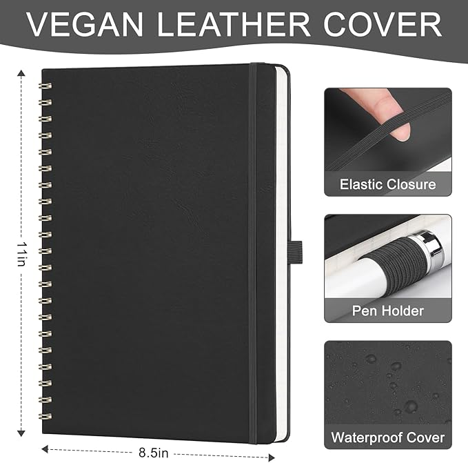 AHGXG Lined Spiral Notebook 8.5" x 11", A4 Large Notebooks for Women Men, Hardcover Leather Notebook College Ruled, 100 GSM Thick Paper, Notebooks for Work School Note Taking Writing, Black