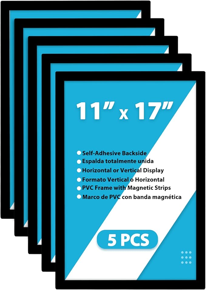 Magnetic Sign Holder 11x17 Wall Mount,Self Adhesive Magnetic Paper Holder,Plastic Window Double Sided Display Frame for Tabloid Size Poster Sign Document at Store School Office,5Pcs