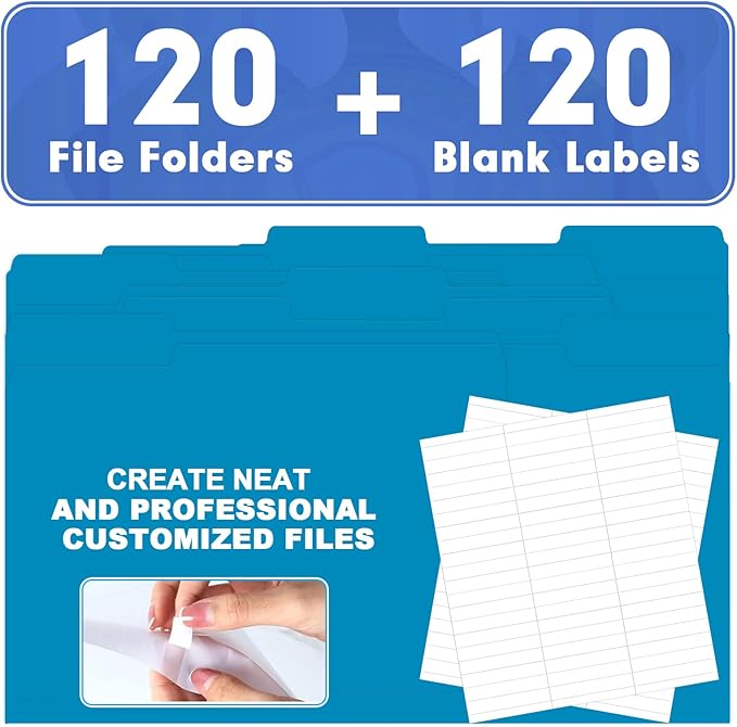 File Folder, HERKKA 120 Pack 1/3 Cut Tab File Folders, File Folders Great for Organizing and Filing, Letter Size, Blue