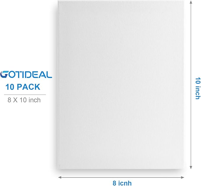 GOTIDEAL Stretched Canvas, 8x10 Inch Set of 10, Primed White - 100% Cotton Artist Canvas Boards for Painting, Acrylic Pouring, Oil Paint Dry & Wet Art Media