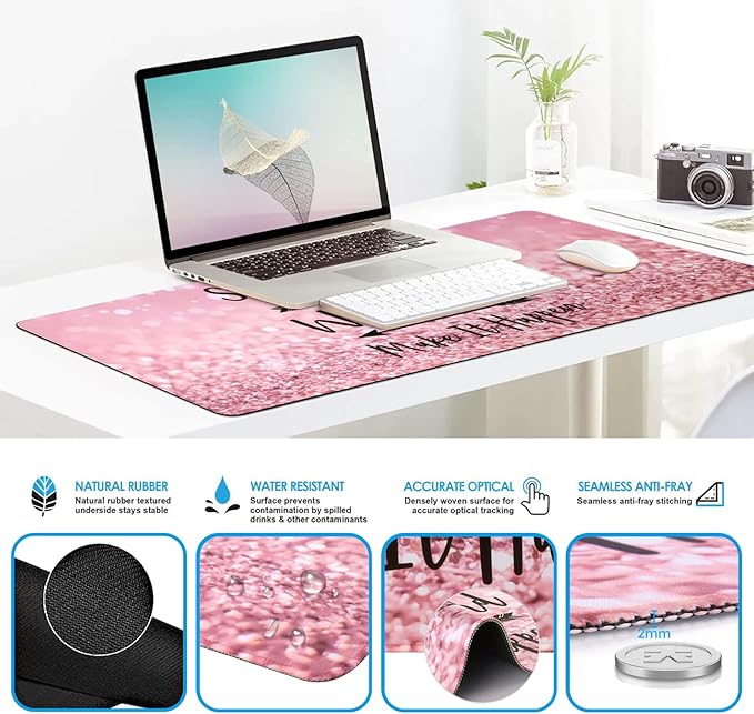 iCasso Mouse Pad,Large Pink Desk Mat Set, 4in1 XXL Mousepad + Keyboard Wrist Rest+Mouse Wrist Rest+Coaster with Ergonomic Desk Pad for Home Office Table Computer Cover -Pink Stay Positive