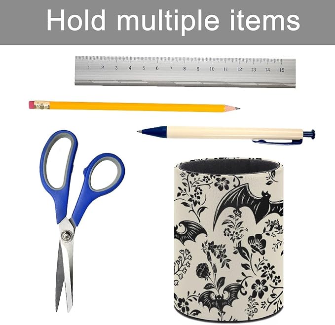 Gothic Bat Flowers Pen Holder Pencil Organizer Cute Pencil Cup Desk Decor Makeup Brush Holder PU Multifunctional Office Suppliesfor Home Classroom School