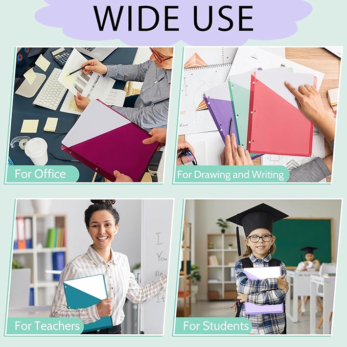 Maitys 50 Pack Binder Pockets 3 Hole Punch Clear Plastic Document Folders Binder Organizer Store Letter Size 8.5x11 Inch Paper Folders with Pockets Slash File Jacket for Office (Happy Color)