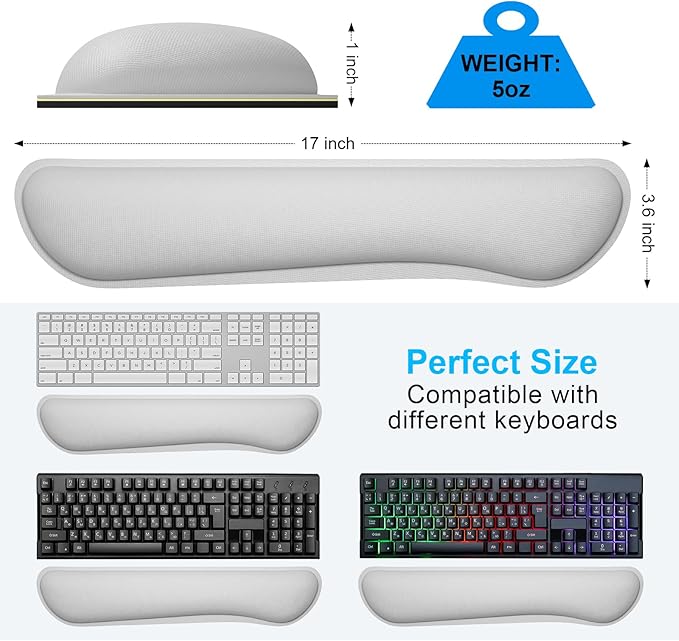 Dapesuom Enlarge Keyboard Wrist Rest, Cute Memory Foam Keyboard Wrist Cushion for Computer Desk Mats Support, Typing Pain Relief Ergonomic Mouse Pad Rests with Non-Slip Base for Gaming, Laptop, Gray