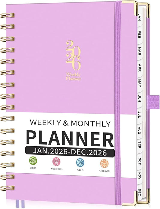 2026 Planner, Weekly and Monthly, A5 Size (5.7" x 8.3"), Jan 2026 - Dec 2026, Calendar, To-do List, Agenda, 12-Month Tabs, Hardcover, 100 GSM Thick Paper, Spiral-bound (Purple)