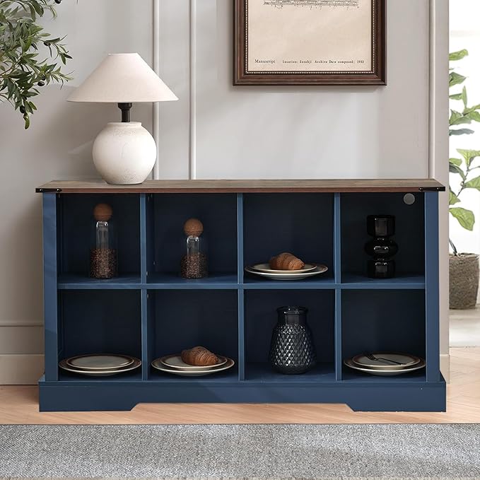 8 Cube Storage Organizer, 2 Tier Bookshelf for Living Room, Farmhouse Bookcase with Led, Kids Toy Storage Cabinet, Wall Cubby Shelves for Home Decor, Wood Display Cabinet for Bedroom, Blue