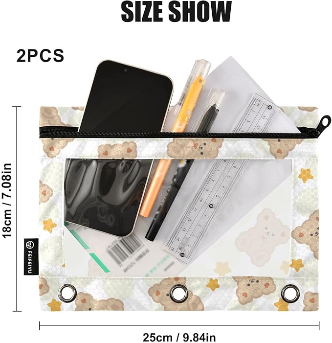 ALAZA Pencil Pouch for 3 Ring Binder, Cute Bear Star Moon Binder Pencil Pouches with Clear Window Zipper Pencil Case Cosmetic Bags for Office College Supplies, 2PCS