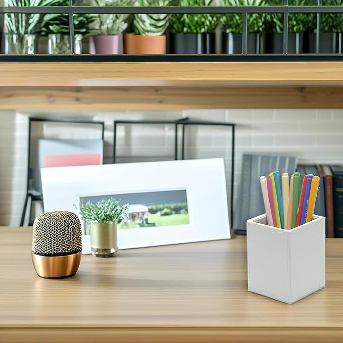 UnionBasic Square Pen Holder, Leather Pencil Cup, Desktop Caddy Stationery Organizer, White