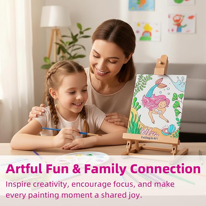 Falling in Art Tabletop Easel Set, Portable Wooden Art Easel Painting Kits for Kids, Easel for Painting Canvases, Including 12 Colors Acrylic Paints, 10 Paintbrushes and 4 Canvas Panels, Pink