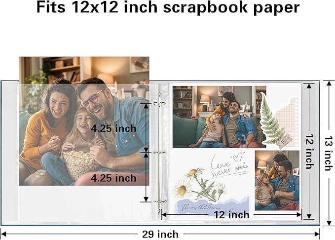 Vienrose 12x12 Inch Large 3 Ring Binder Scrapbook Photo Album, Linen Cover DIY Scrapbooks with 50 Sheets Plastic Sleeves 100 Pages Blank White Inner Pages for Wedding Birthday Baby Travel Blue