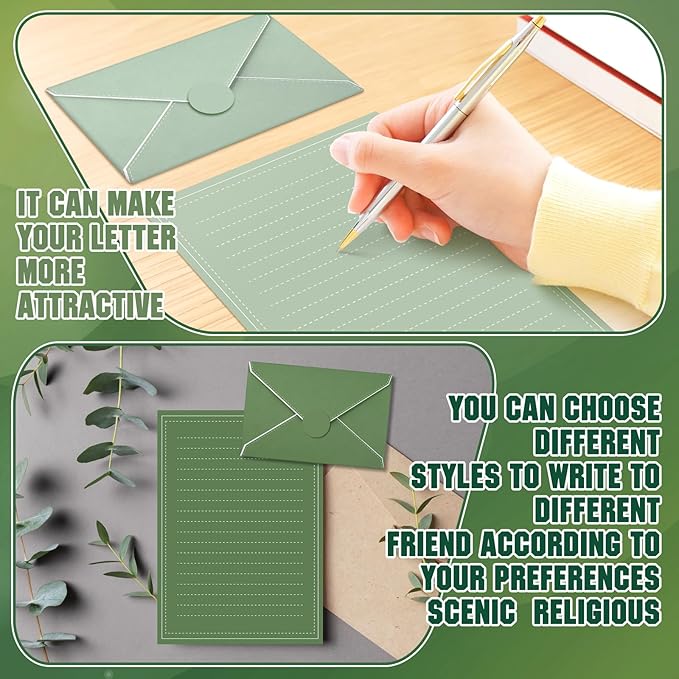 TaoBary 160 Packs Stationery Paper Set (50 Double Sided Stationery Writing Papers 50 Matching Envelopes) 60 Round Dot Sticker, 10 Design (5.5 x 8.25 Inch,Sage Green Color)