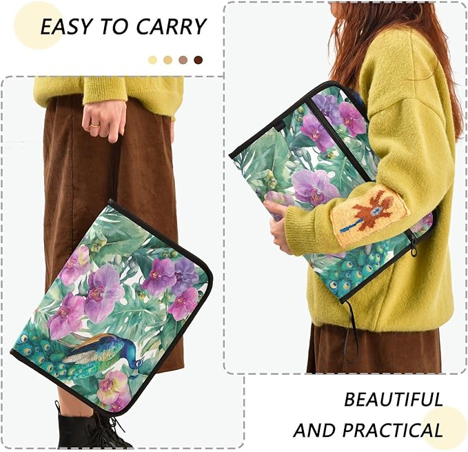 Peacocks and Purple Flowers Expanding File Organizer with 13 Pockets Accordion File Folders with Labels,Portable Document Paper Bill Receipt Organizer,Home College School Office Supplies, Lette