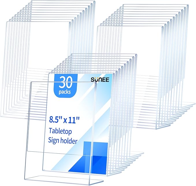 SUNEE 30 Packs Clear Plastic Sign Holders for 8.5x11 Paper, Vertical L-shape Frame for Displaying Signs and Menus
