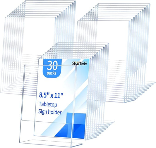 SUNEE 30 Packs Clear Plastic Sign Holders for 8.5x11 Paper, Vertical L-shape Frame for Displaying Signs and Menus