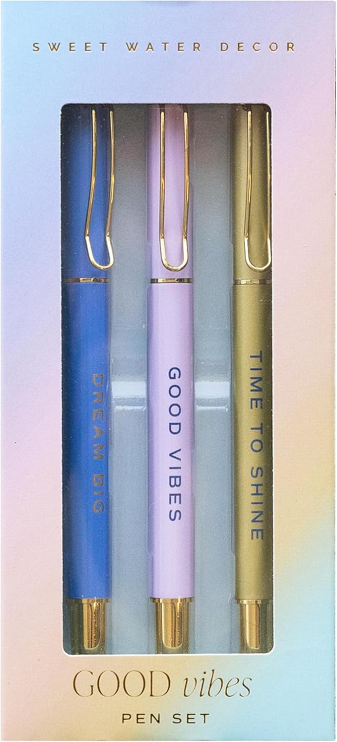 Sweet Water Decor Metal Pen Set | Inspirational Gifts for Women | Office Supplies | Cute Pens | Desk Decor | Office Accessories | School Supplies | Motivational Quotes (Good Vibes Set)