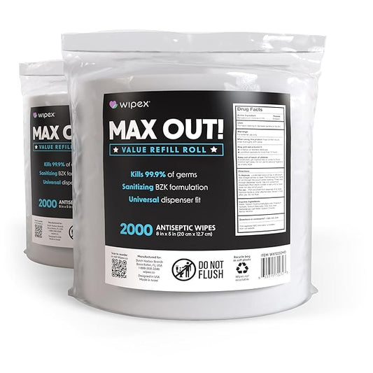Wipex Max Out Sanitizing Wipes for Fitness Centers - 2000 Wipes Per Roll, Pack of 2, Economy Size Refill Rolls for Dispensers, 5"x8" - Ideal for High Volume Commercial Gyms, Schools & Studios