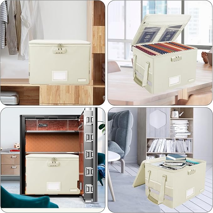 ENGPOW File Box with Lock,Fireproof Document Box with Zipper Lid,Collapsible File Storage Organizer Filing Cabinet with Handles,Portable Home Office Safe for Hanging Letter/Legal Folders,Beige,2 Pack