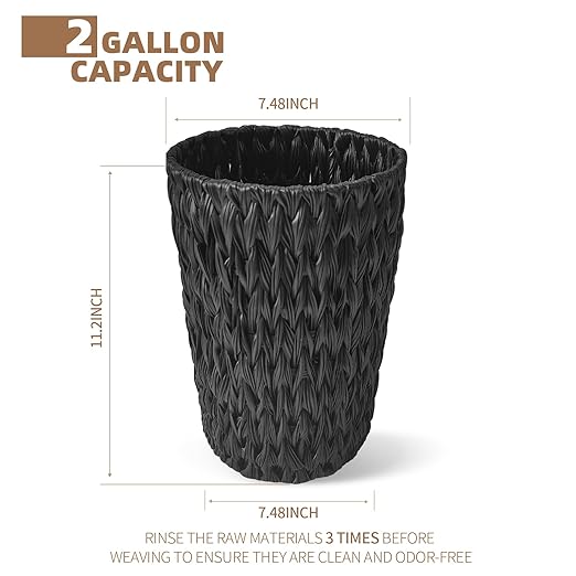Endymion Black Wicker Trash Can,Small Hand Woven Bathroom Trash Can,Waterproof Woven Trash Basket for Bedroom, Offices or Kitchen,2 Gallon Round