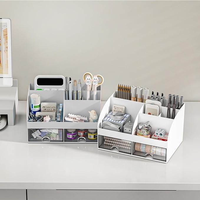 Desk Organizer with 6 Compartments and 2 Drawers, Plastic Makeup Organizer, Pen Holder for Desktop Storage, Desk Organization for School, Home, Office Supplies (Grey)