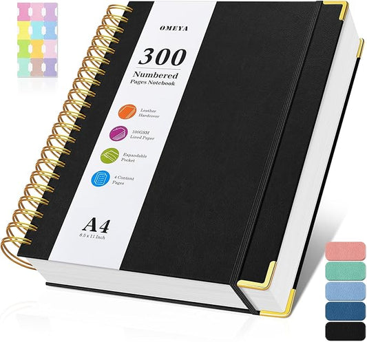 Spiral Notebook 8.5" x 11", 300 Numbered Pages Notebooks College Ruled with Contens, 100GSM Thick Journal for Women Men, Hardcover Leather Lined Journal for Writing, Large A4 Notebooks for Work School