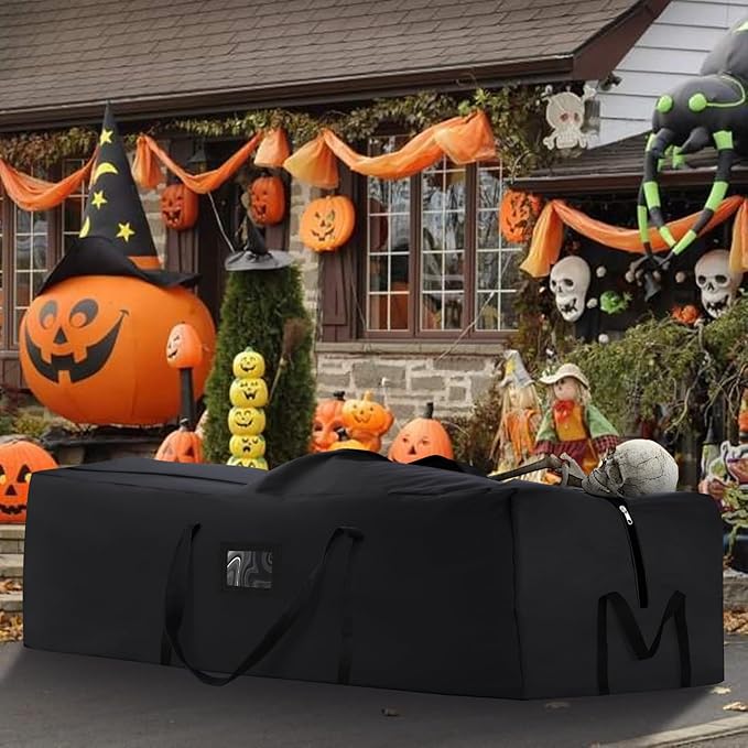 Halloween Storage Bag, Fits Up 12 Ft Skeleton-Heavy Duty Holiday Storage Box with Durable Reinforced Handles & Zipper & Pocket- 600D Oxford Christmas Tree Storage Container, Black