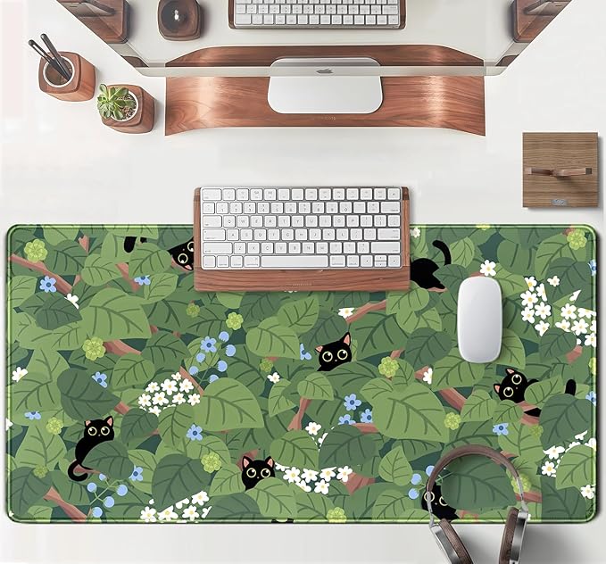 Kawaii Anime Aesthetic Black Cat Forest Plant Desk Mat, Green Sage XXL Large Extended Mouse Pad Gaming Cute Cats Desk pad, Laptop Keyboard and Mouse Mat for Women Desktop Office Decor 31.5x15.7 in