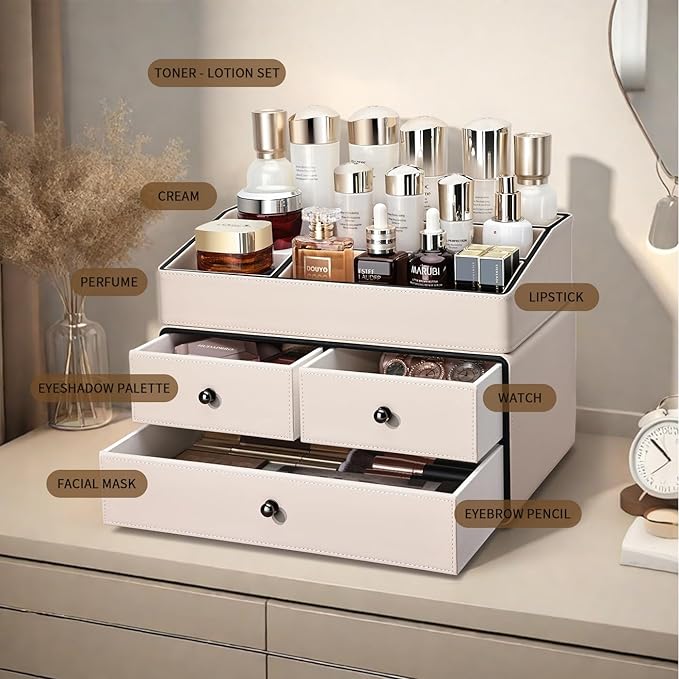 KINGFOM Leather Makeup Organizer with 3 Drawers, 2 Tier Cosmetic Storage Organizer for vanity Dresser Countertop and Bathroom Vanity, Beauty Holder for Lipstick Brush Skincare (Beige)