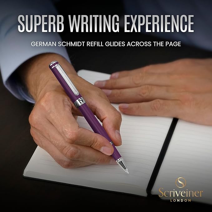 Scriveiner Aubergine Rollerball Pen - Stunning Luxury Pen With Chrome Finish, Schmidt Ink Refill, Best Roller Ball Gift Set for Men & Women, Professional, Executive Office, Nice Pens