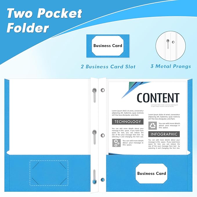 Two Pocket Folders, PANDRI 60 Pack Two Pocket Folders with Prongs, 3 Prong Folders Designed for Office and Classroom, Letter Size Lightblue