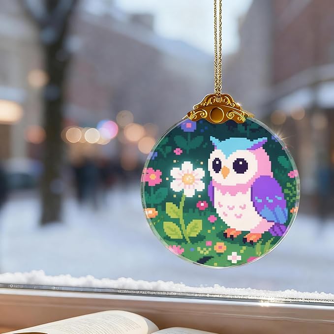 Pixel Art Owl in Flowers Ornaments, Owl Christmas Ornament, Owls Gifts for Women, Owls Decor Bird Ornament 2.75" Glass Decorative Hanging Ornaments