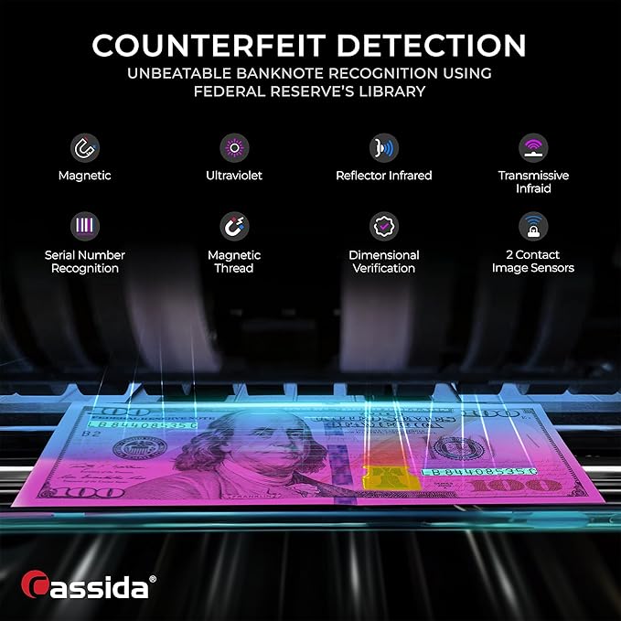 Cassida 9900R V2 2-Pocket Premium Bank Grade Money Counter Machine Mixed Denomination, Bill Sorter, Value Counting, Printer Enabled, 2 CIS, UV/MG, IR/IT Counterfeit Detection with Built-in Printer