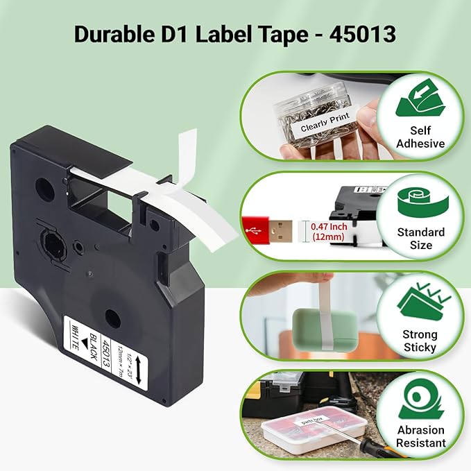BOYEEZON 7Pk Compatible for DYMO D1 Label Maker Refill 45013 Label Tape 12mm, Black on White,1/2 Inch x 23Ft S0720530 1/2 Inch D1 Tape for Dymo LabelManager 160 210D 260P 280 360D 420P PnP Label Maker