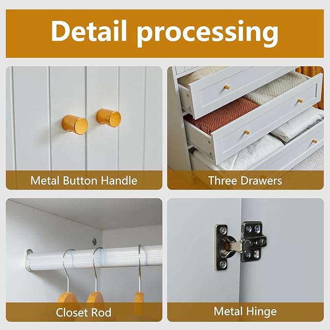 Wardrobe Armoire Wooden Closet with 2 Doors,71" Closet Armoire Set of 2,3 Drawers Household Freestanding Wooden Storage Cabinet for Bedroom (White)