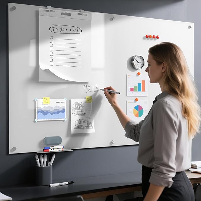 MaxGear Glass White Board 60x40 Inches Brilliance White Magnetic Dry Erase Board Wall Mounted Whiteboard, Large Frameless Whiteboard with 1 Eraser,3 Markers and 6 Magnets for Office, School, Home