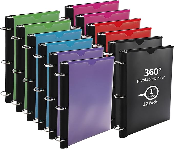 360° Pivotable 3 Ring Binder, Upgraded Foldable Binders 1 inch 12 Pack, Thin Small Three Ring Binder Fits 8.5" x 11", for Home, School and Office- Black, Purple, Pink, Blue, Green, Red