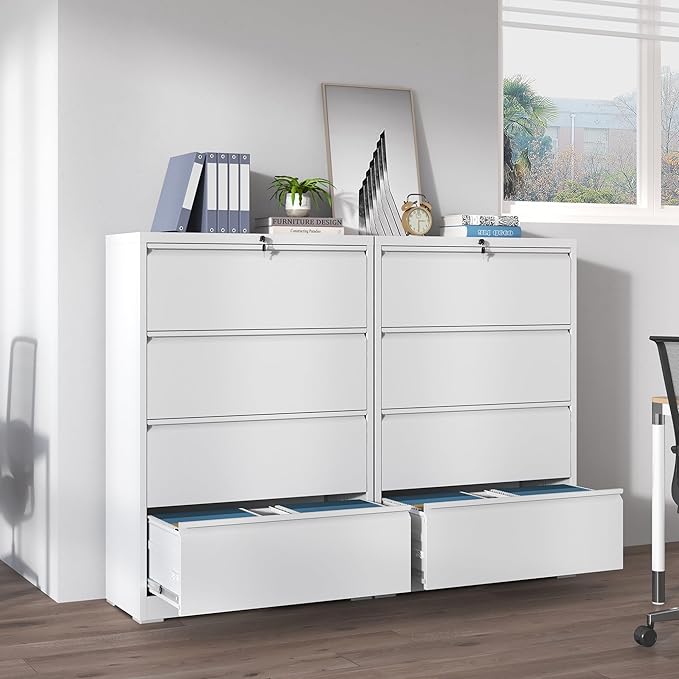 4 Drawer Lateral File Cabinets,White Metal Lateral Filing Cabinet for Home Office,Wide Steel Storage Cabinet Commercial Drawer for Legal/Letter/A4 Size Files