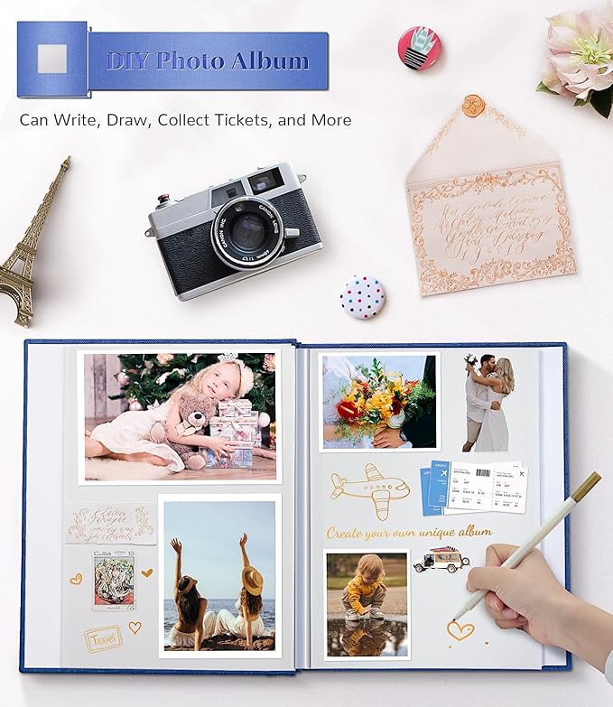 Photo Album Self Adhesive Scrapbook Album for 3x5 4x6 5x7 8x10 Pictures,40 Pages Linen Cover with Display Window DIY Photo Book,Ideal Gifts for Family Travel Wedding Baby